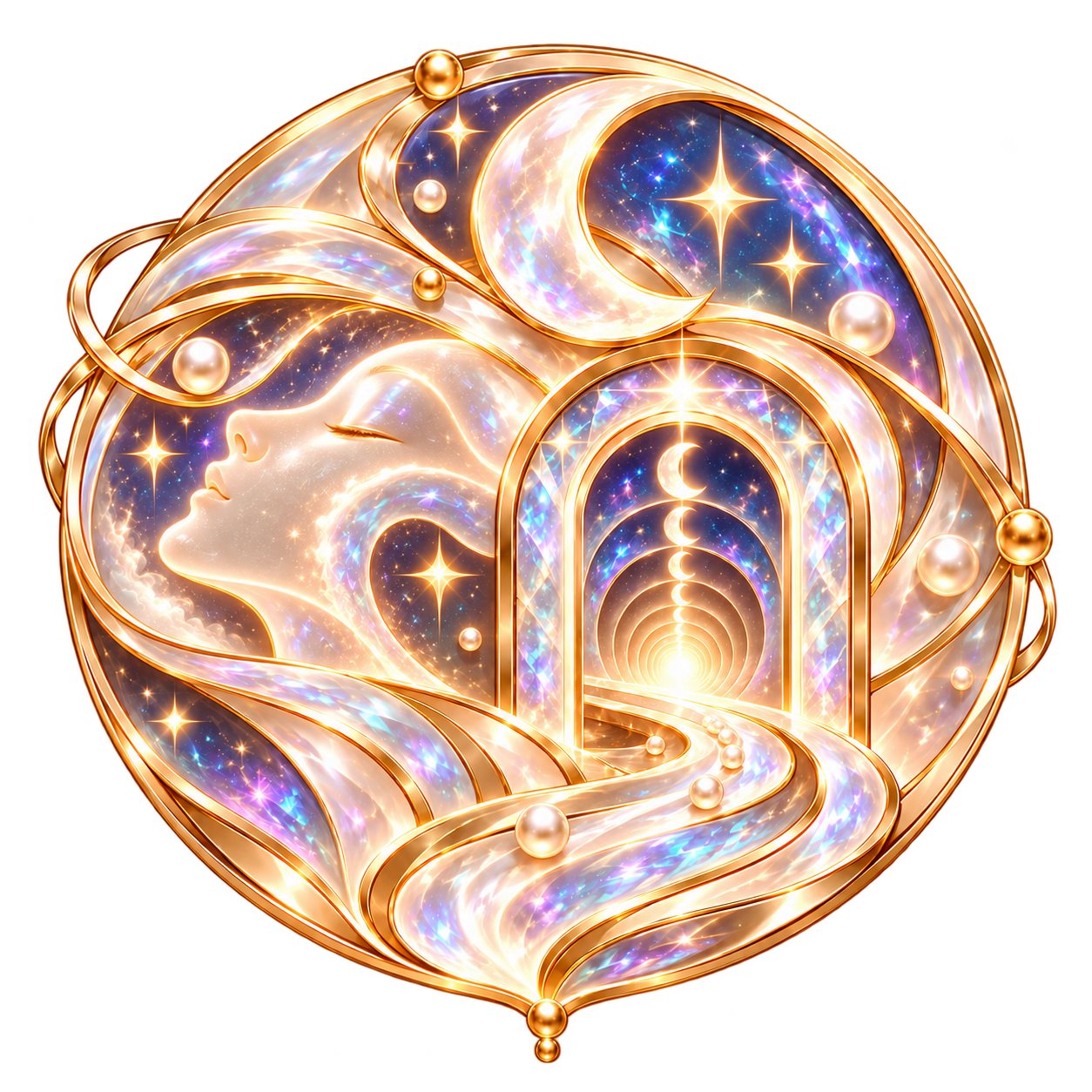 DreamHack emblem featuring a resting face, crescent moon, and illuminated portal in gold and pearl