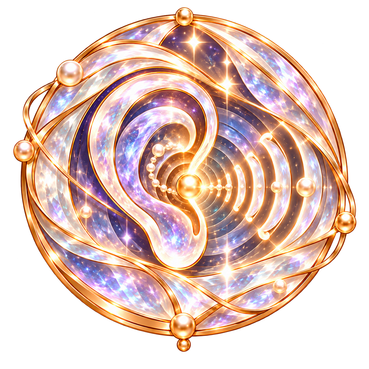 Unconscious Listening emblem featuring a luminous ear surrounded by gold and pearl signal patterns